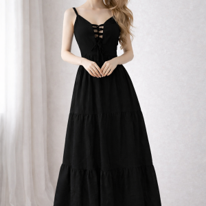 Black Elegant Lace-Up Maxi Dress