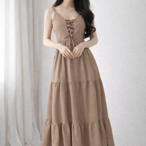 Mocha Elegant Lace-Up Maxi Dress