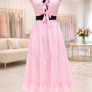 Chiffon Summer Pink Skirt and Crop Top Set